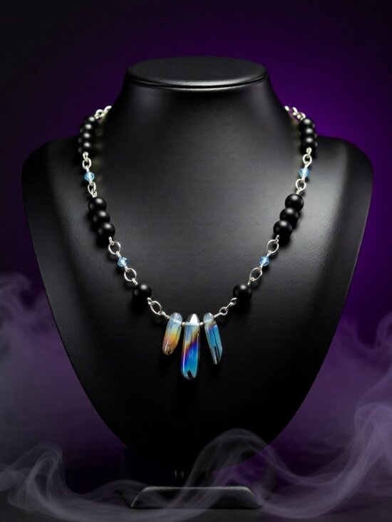 BOHO CHIC Jewelry - Handmade! Electroplated Quartz + Black Stone Beads - Adjust. Necklace app. 22"